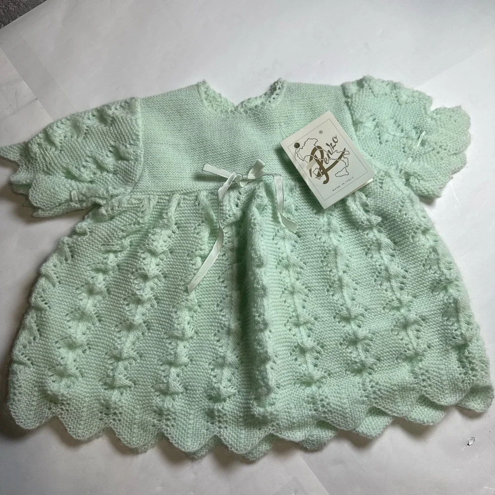 Vintage Perzo Baby Knit Dress Mint Green Handcrafted Acrylic New Tag